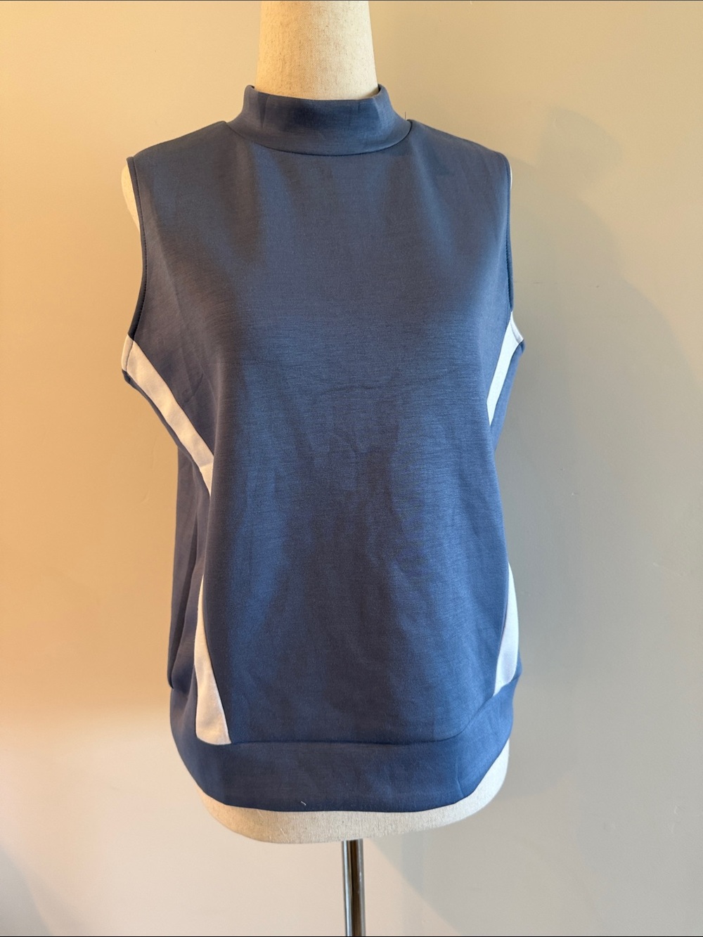 Women's Sleeveless Mock Neck Top in Navy with White Panels